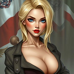 A depiction of a Russian woman with blonde hair, blue eyes, and red lips