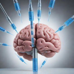 A high-definition image of a brain being injected with medical serums. Each serum syringe showcases a different logo of various digital platforms.