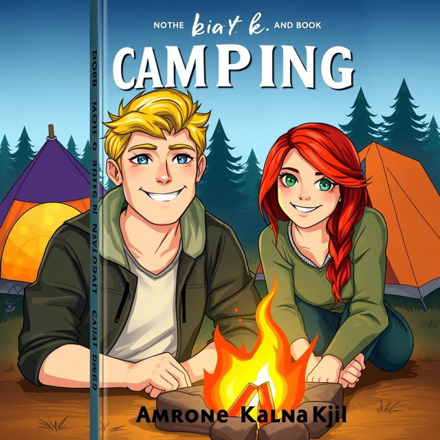 A book cover featuring a blonde man with blue eyes and a red-haired woman with green eyes at a campsite