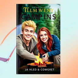 A book cover featuring a blonde man with blue eyes and a red-haired woman with green eyes at a campsite