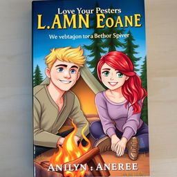 A book cover featuring a blonde man with blue eyes and a red-haired woman with green eyes at a campsite