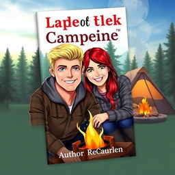 A book cover featuring a blonde man with blue eyes and a red-haired woman with green eyes at a campsite