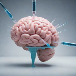 A high-definition image of a brain being injected with medical serums. Each serum syringe showcases a different logo of various digital platforms.