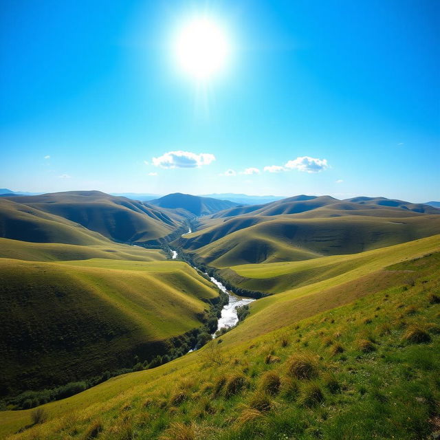 A beautiful landscape with rolling hills, a clear blue sky, and a bright sun shining down