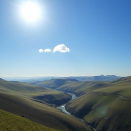 A beautiful landscape with rolling hills, a clear blue sky, and a bright sun shining down