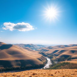 A beautiful landscape with rolling hills, a clear blue sky, and a bright sun shining down