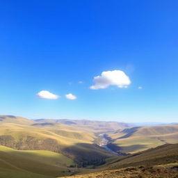 A beautiful landscape with rolling hills, a clear blue sky, and a bright sun shining down