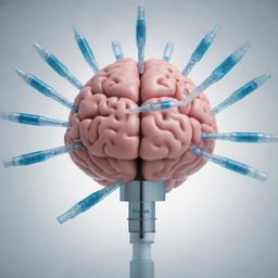 A high-definition image of a brain being injected with medical serums. Each serum syringe showcases a different logo of various digital platforms.