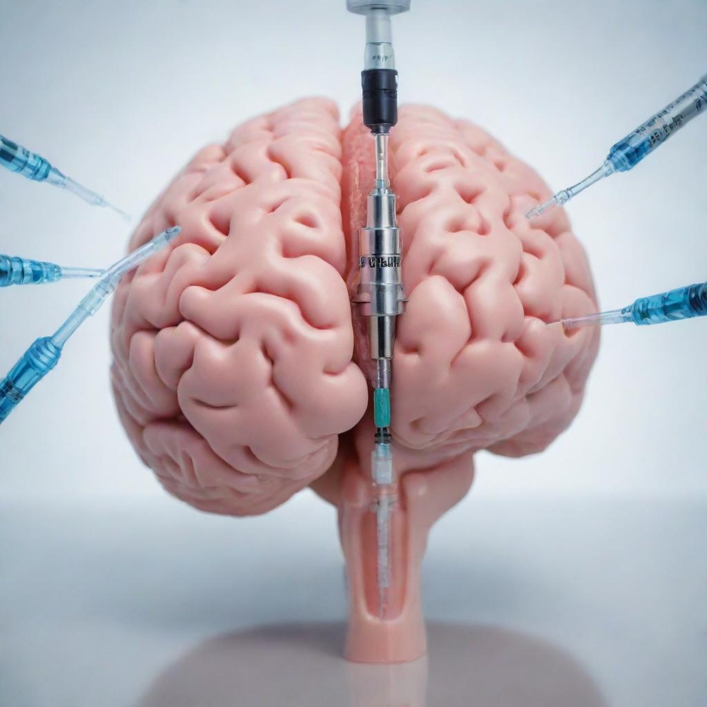 A high-definition image of a brain being injected with medical serums. Each serum syringe showcases a different logo of various digital platforms.