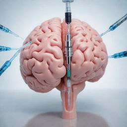 A high-definition image of a brain being injected with medical serums. Each serum syringe showcases a different logo of various digital platforms.