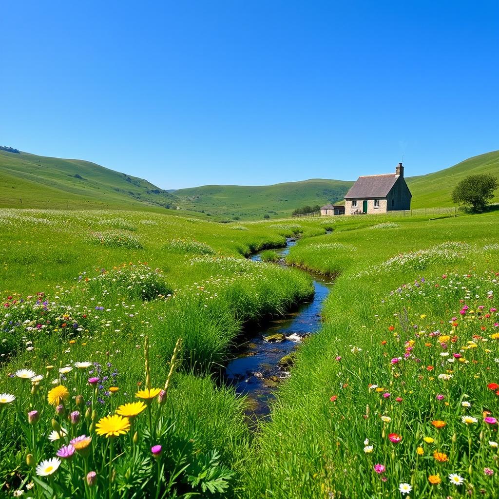 A serene landscape featuring a lush green meadow with colorful wildflowers, a clear blue sky, and a gentle stream flowing through the center