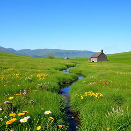 A serene landscape featuring a lush green meadow with colorful wildflowers, a clear blue sky, and a gentle stream flowing through the center