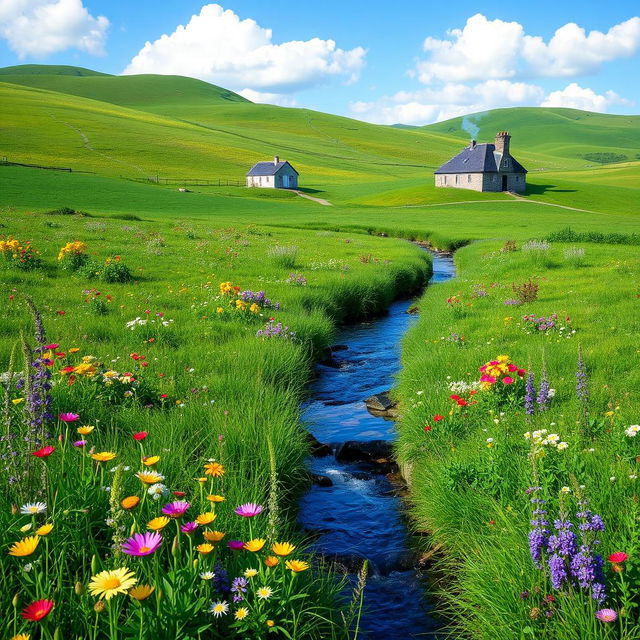 A serene landscape featuring a lush green meadow with colorful wildflowers, a clear blue sky, and a gentle stream flowing through the center