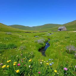 A serene landscape featuring a lush green meadow with colorful wildflowers, a clear blue sky, and a gentle stream flowing through the center