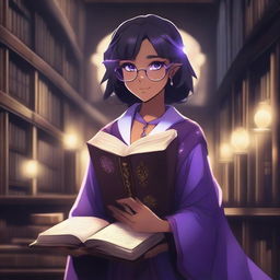 A female ebony-skinned elf in anime style, wearing glasses, with black hair and purple eyes, holding a book