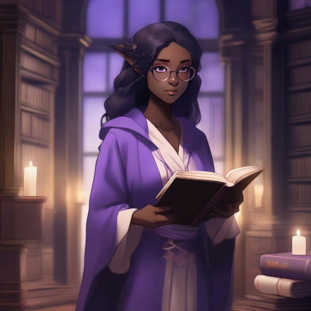 A female ebony-skinned elf in anime style, wearing glasses, with black hair and purple eyes, holding a book