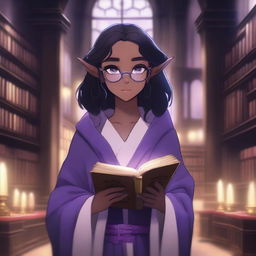 A female ebony-skinned elf in anime style, wearing glasses, with black hair and purple eyes, holding a book