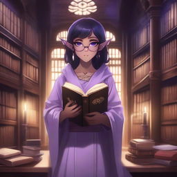 A female ebony-skinned elf in anime style, wearing glasses, with black hair and purple eyes, holding a book