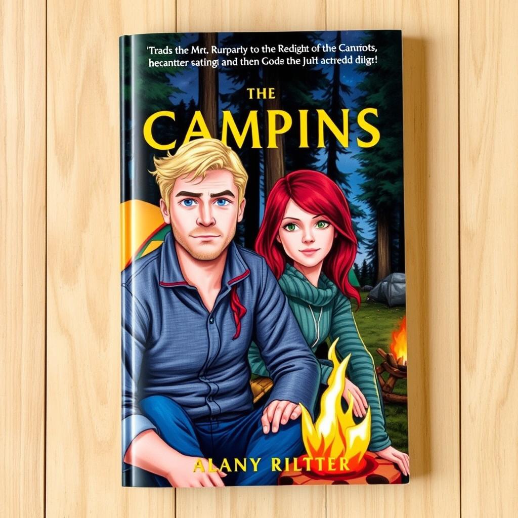 A book cover featuring a blonde man with blue eyes and a red-haired woman with green eyes at a campsite