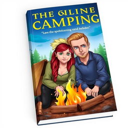 A book cover featuring a blonde man with blue eyes and a red-haired woman with green eyes at a campsite