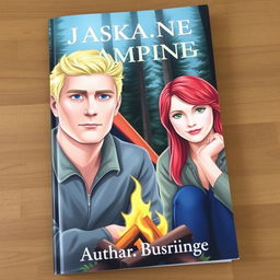 A book cover featuring a blonde man with blue eyes and a red-haired woman with green eyes at a campsite