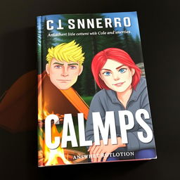 A book cover featuring a blonde man with blue eyes and a red-haired woman with green eyes at a campsite