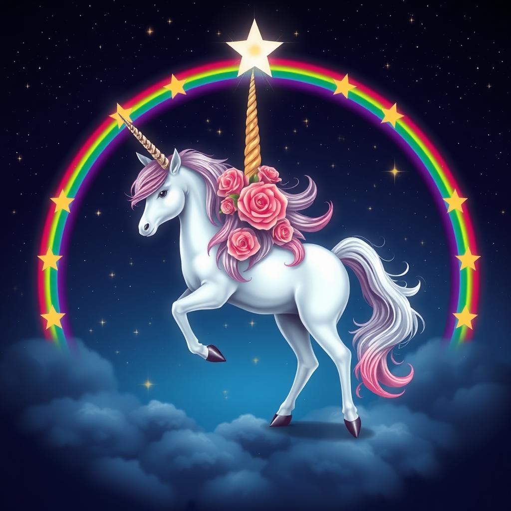 Uma capa com um unicórnio branco com rosa, cabelos rosa, lilás e azul, com um arco-íris atrás bem colorido, e com estrelas ao redor