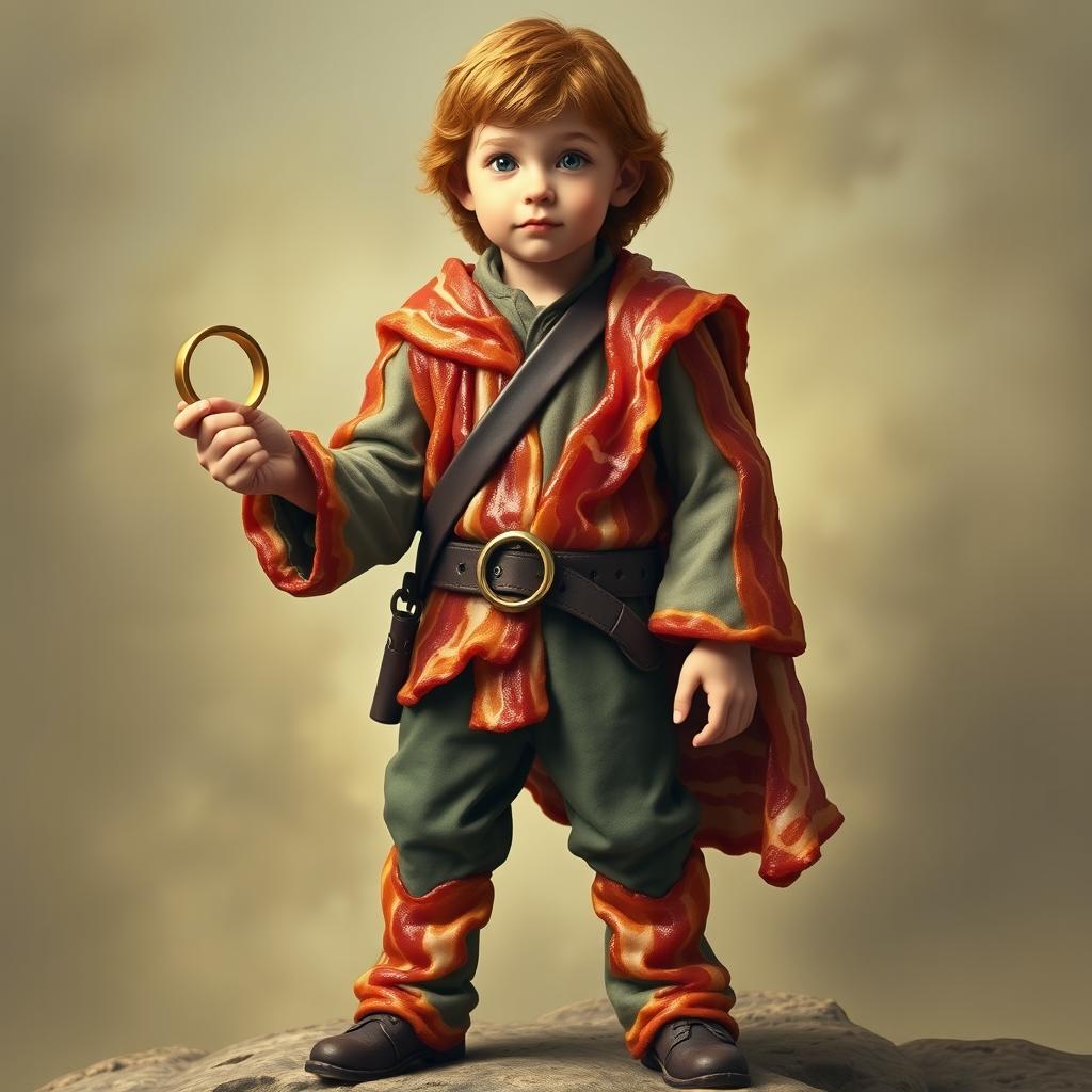 A playful depiction of Frodo Baggins from Lord of the Rings, but with his clothes made entirely out of bacon