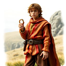 A playful depiction of Frodo Baggins from Lord of the Rings, but with his clothes made entirely out of bacon