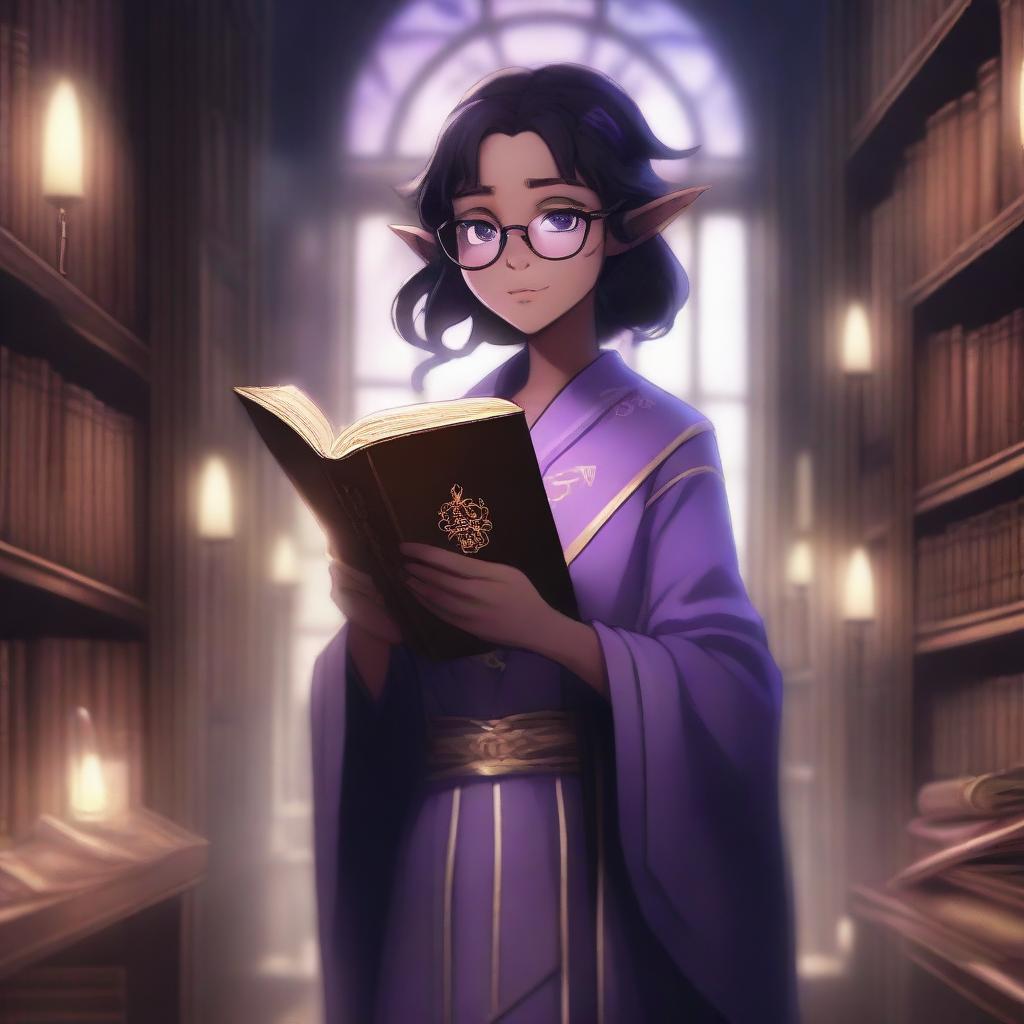 A female ebony-skinned elf in anime style, wearing glasses, with black hair and purple eyes, holding a book