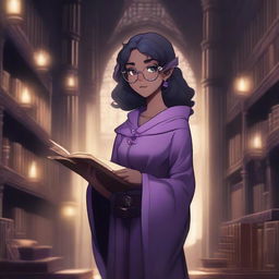 A female ebony-skinned elf in anime style, wearing glasses, with black hair and purple eyes, holding a book