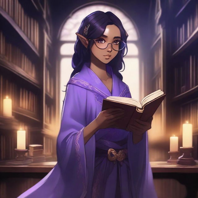 A female ebony-skinned elf in anime style, wearing glasses, with black hair and purple eyes, holding a book