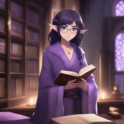 A female ebony-skinned elf in anime style, wearing glasses, with black hair and purple eyes, holding a book