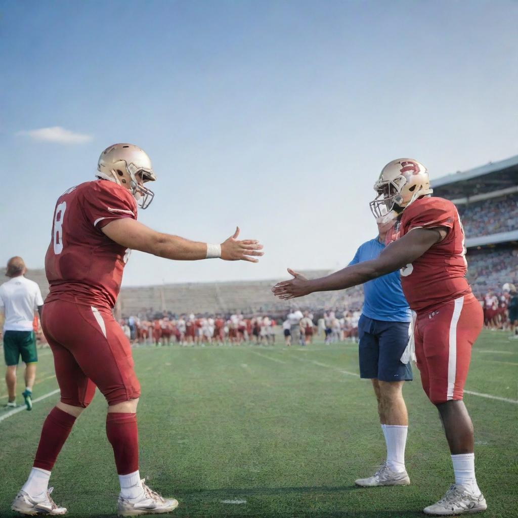 Football players showing sportsmanship with smiles, handshakes, and friendly taps on each other's backs on a vividly detailed football field under a clear sky.