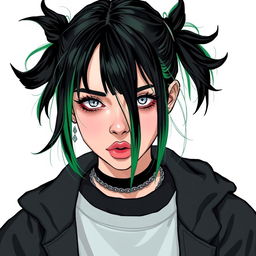 A detailed and realistic illustration of Billie Eilish, capturing her unique style and iconic look