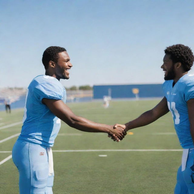 Football players showing sportsmanship with smiles, handshakes, and friendly taps on each other's backs on a vividly detailed football field under a clear sky.