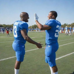 Football players showing sportsmanship with smiles, handshakes, and friendly taps on each other's backs on a vividly detailed football field under a clear sky.