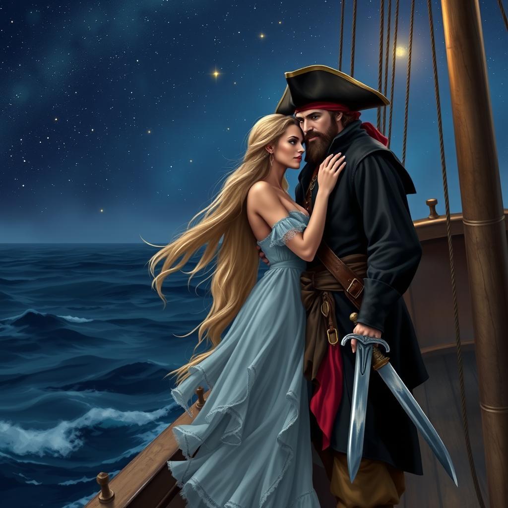 A beautiful blonde woman and a handsome man dressed as pirates, standing on the deck of a pirate ship in a romantic embrace