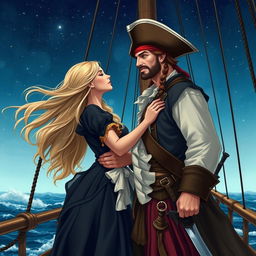 A beautiful blonde woman and a handsome man dressed as pirates, standing on the deck of a pirate ship in a romantic embrace