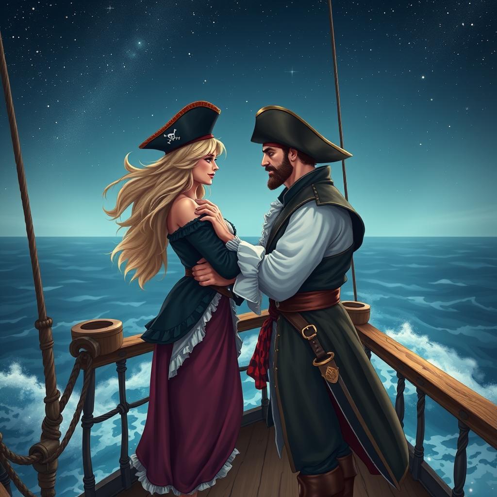 A beautiful blonde woman and a handsome man dressed as pirates, standing on the deck of a pirate ship in a romantic embrace