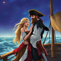 A beautiful blonde woman and a handsome man dressed as pirates, standing on the deck of a pirate ship in a romantic embrace