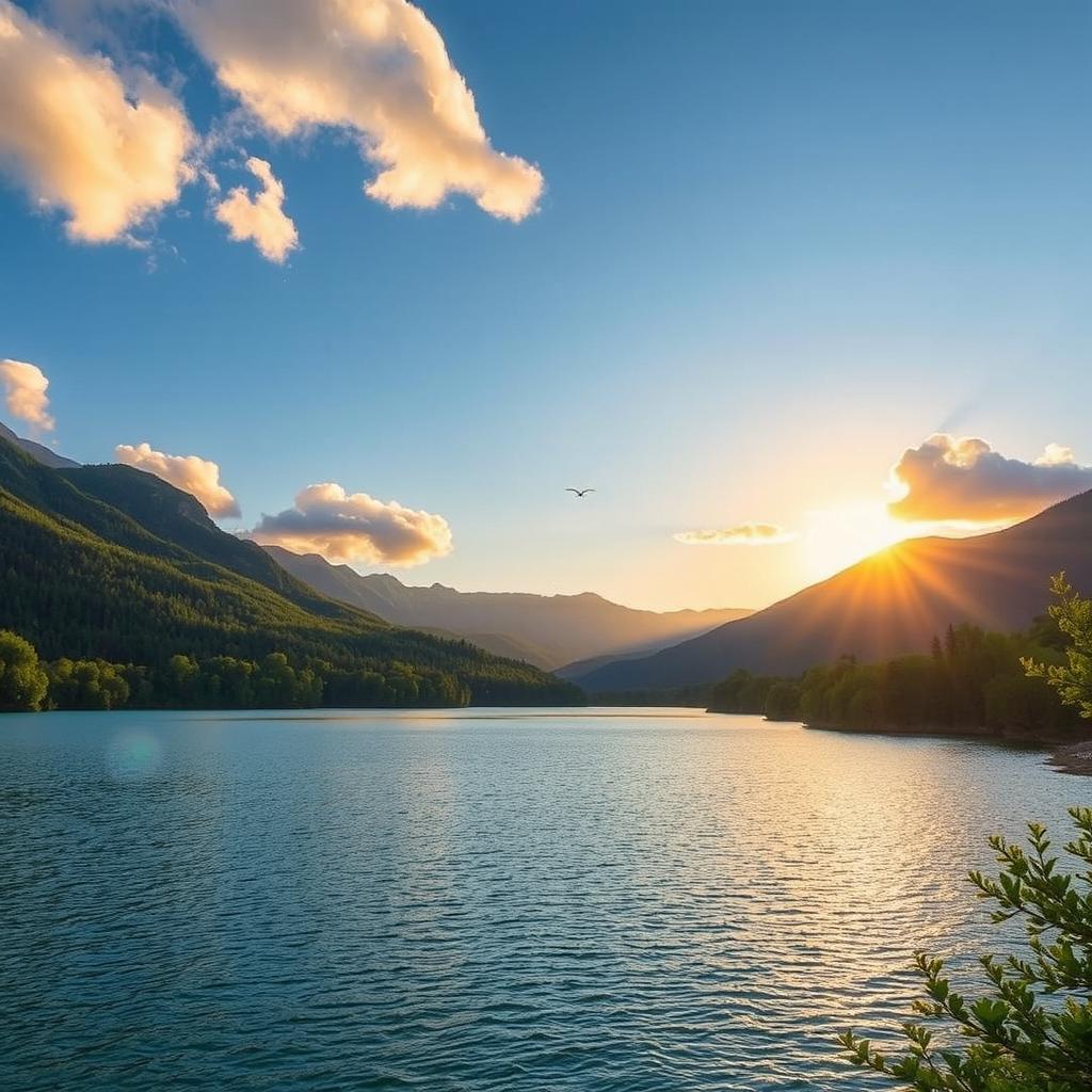 A beautiful landscape featuring a serene lake surrounded by lush green trees and mountains in the background