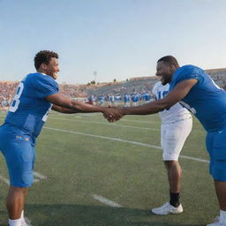 Football players showing sportsmanship with smiles, handshakes, and friendly taps on each other's backs on a vividly detailed football field under a clear sky.