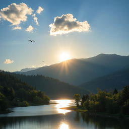 A beautiful landscape featuring a serene lake surrounded by lush green trees and mountains in the background