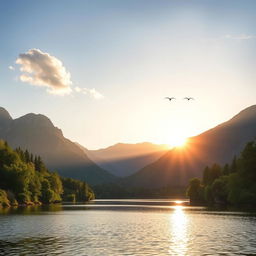 A beautiful landscape featuring a serene lake surrounded by lush green trees and mountains in the background