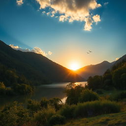 A beautiful landscape featuring a serene lake surrounded by lush green trees and mountains in the background