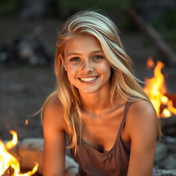 A teenage girl with blonde hair flowing over her shoulders, sitting by a campfire