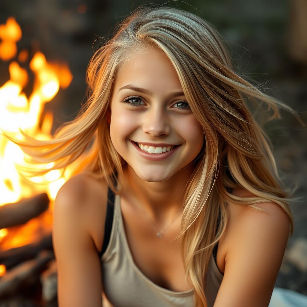 A teenage girl with blonde hair flowing over her shoulders, sitting by a campfire