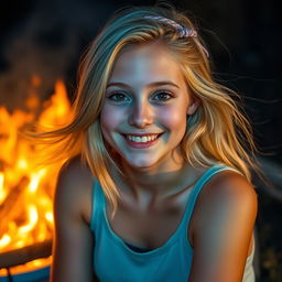 A teenage girl with blonde hair flowing over her shoulders, sitting by a campfire