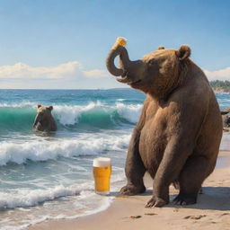 A bear and an elephant enjoying a beer by the seaside on a sunny day with waves gently crashing nearby.